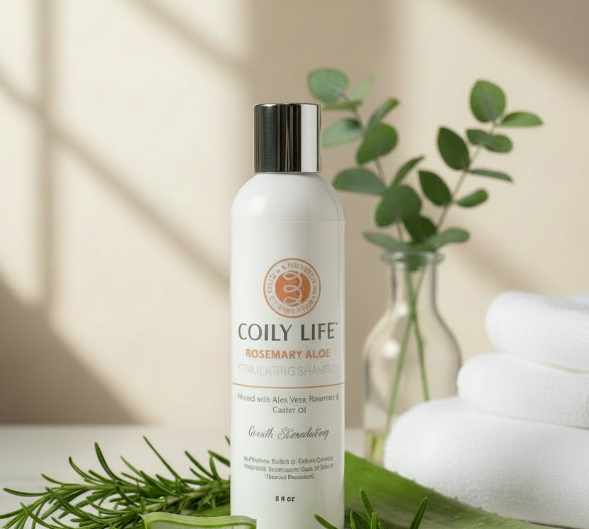 Coily Life shampoo bottle on a gray surface with a white background