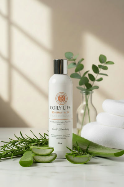 Coily Life shampoo bottle on a gray surface with a white background