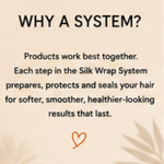 A beige promotional graphic with the heading 'WHY A SYSTEM?' and text explaining that products work best together for hair care. A small orange heart and faint leaf silhouettes decorate the design.