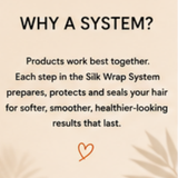 A beige promotional graphic with the heading 'WHY A SYSTEM?' and text explaining that products work best together for hair care. A small orange heart and faint leaf silhouettes decorate the design.