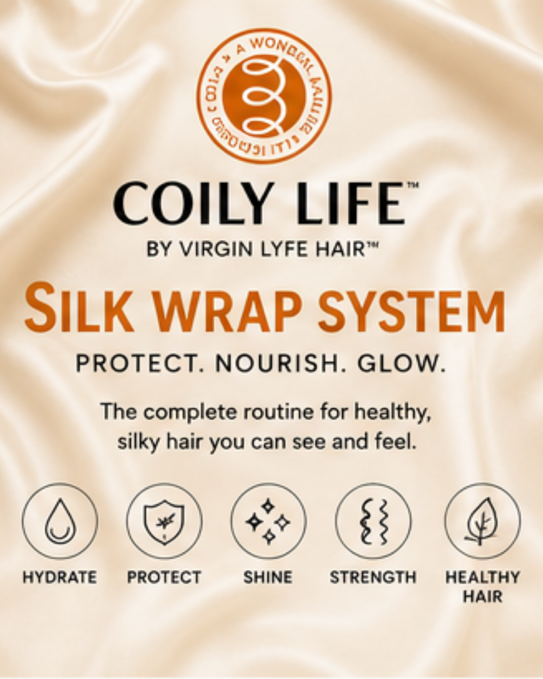 A promotional graphic for Coily Life Silk Wrap System hair care, featuring a cream-colored satin fabric background with the Coily Life logo at the top, product title text in the center, and five benefit icons at the bottom for hydration, protection, shine, strength, and healthy hair.