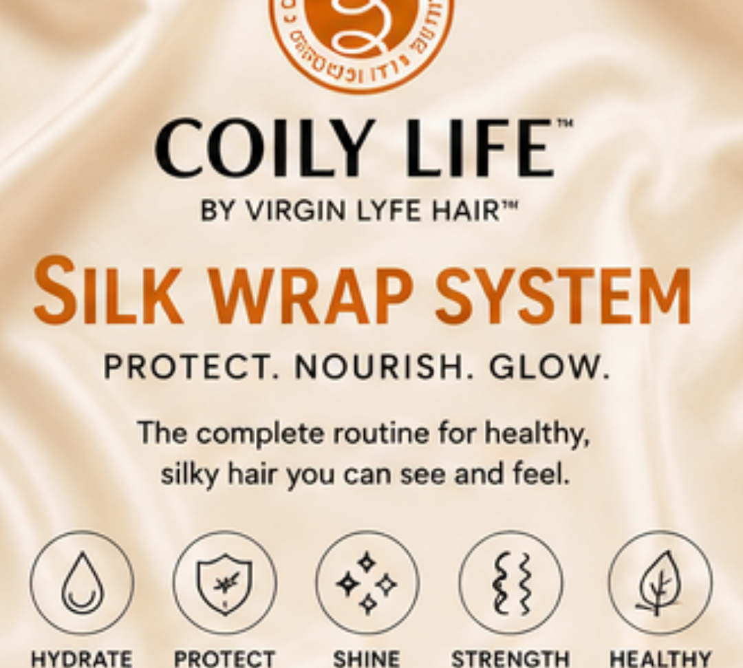 A promotional graphic for Coily Life Silk Wrap System hair care, featuring a cream-colored satin fabric background with the Coily Life logo at the top, product title text in the center, and five benefit icons at the bottom for hydration, protection, shine, strength, and healthy hair.
