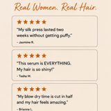 A beige promotional graphic with the headline 'REAL RESULTS' and the subtitle 'Real Women. Real Hair.