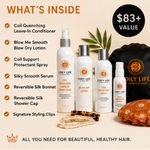 Coily Life hair care set featuring four white bottles and a small spray bottle, a black shower cap, a brown styling clip, and a clear hair tie, arranged on a beige background with text listing included items and a '$83+ VALUE' badge.