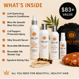 Coily Life hair care set featuring four white bottles and a small spray bottle, a black shower cap, a brown styling clip, and a clear hair tie, arranged on a beige background with text listing included items and a '$83+ VALUE' badge.