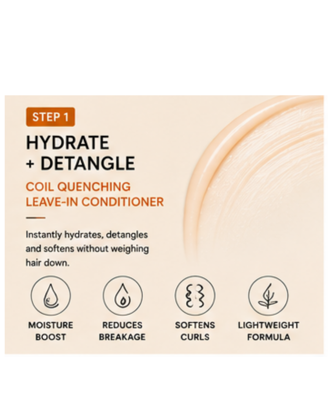 Front of a hair care product package for 'Hydrate + Detangle Coil Quenching Leave-In Conditioner'. The packaging features a light beige background with a soft, warm cream-colored hair texture graphic on the right.