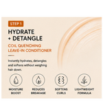 Front of a hair care product package for 'Hydrate + Detangle Coil Quenching Leave-In Conditioner'. The packaging features a light beige background with a soft, warm cream-colored hair texture graphic on the right.