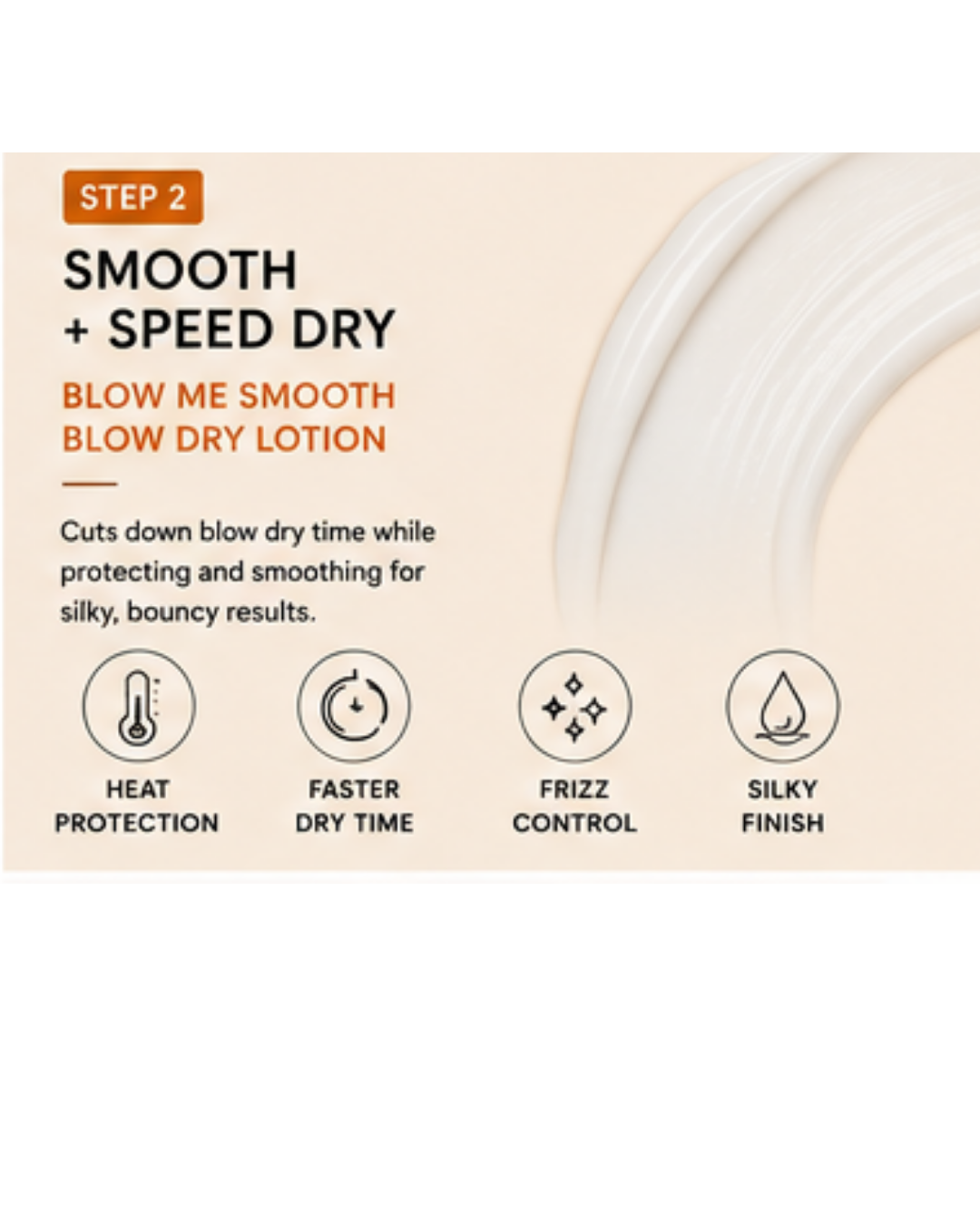 A close-up of a hair product label or packaging panel showing text for a smoothing and speed-drying lotion. The panel reads 'STEP 2', 'SMOOTH + SPEED DRY', and 'BLOW ME SMOOTH BLOW DRY LOTION', with icons for heat protection, faster dry time, frizz control, and silky finish.