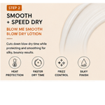 A close-up of a hair product label or packaging panel showing text for a smoothing and speed-drying lotion. The panel reads 'STEP 2', 'SMOOTH + SPEED DRY', and 'BLOW ME SMOOTH BLOW DRY LOTION', with icons for heat protection, faster dry time, frizz control, and silky finish.