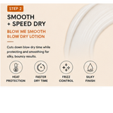 A close-up of a hair product label or packaging panel showing text for a smoothing and speed-drying lotion. The panel reads 'STEP 2', 'SMOOTH + SPEED DRY', and 'BLOW ME SMOOTH BLOW DRY LOTION', with icons for heat protection, faster dry time, frizz control, and silky finish.