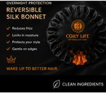 A promotional graphic for Coily Life Reversible Silk Bonnet hair care. The image features a black satin-like silk bonnet with a small orange flame graphic at its base, set against a black background with gold and white text detailing product benefits such as reducing frizz and protecting style.