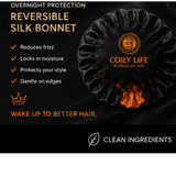 A promotional graphic for Coily Life Reversible Silk Bonnet hair care. The image features a black satin-like silk bonnet with a small orange flame graphic at its base, set against a black background with gold and white text detailing product benefits such as reducing frizz and protecting style.