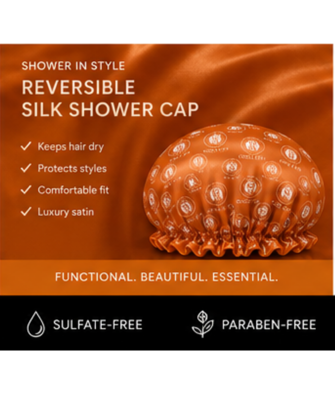 An orange promotional graphic for a reversible silk shower cap. The cap is shown on the right side, covered in small circular brand logos.