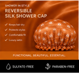 An orange promotional graphic for a reversible silk shower cap. The cap is shown on the right side, covered in small circular brand logos.